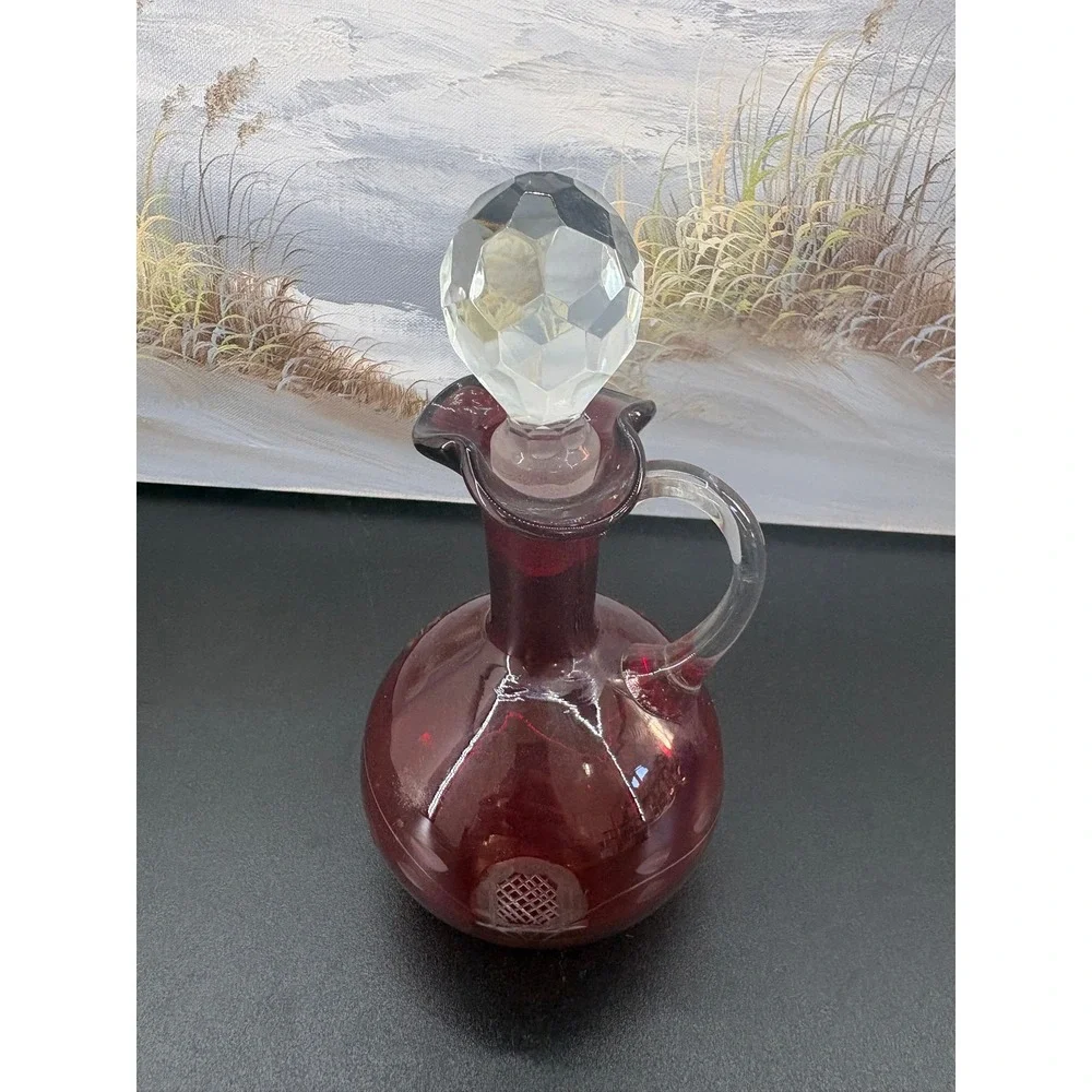 Vintage Czech Glass Ruby Flashed Cruet cut to Clear Grape Motifs